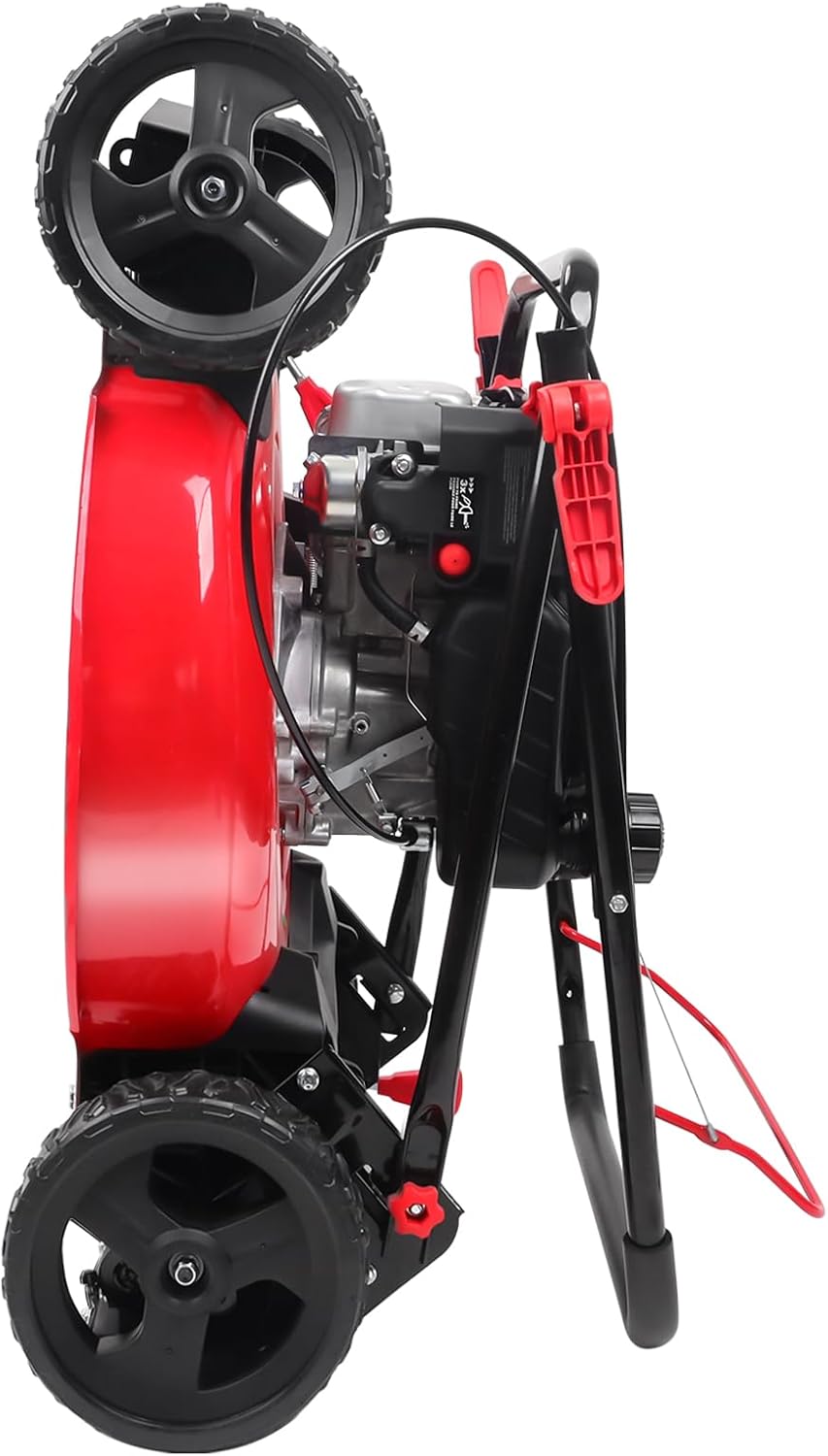 21-inch gas-powered lawn mower, equipped with a 144cc four-stroke all-terrain engine, featuring both crushing and side-discharge functions, with adjustable cutting height ranging from 6 positions.