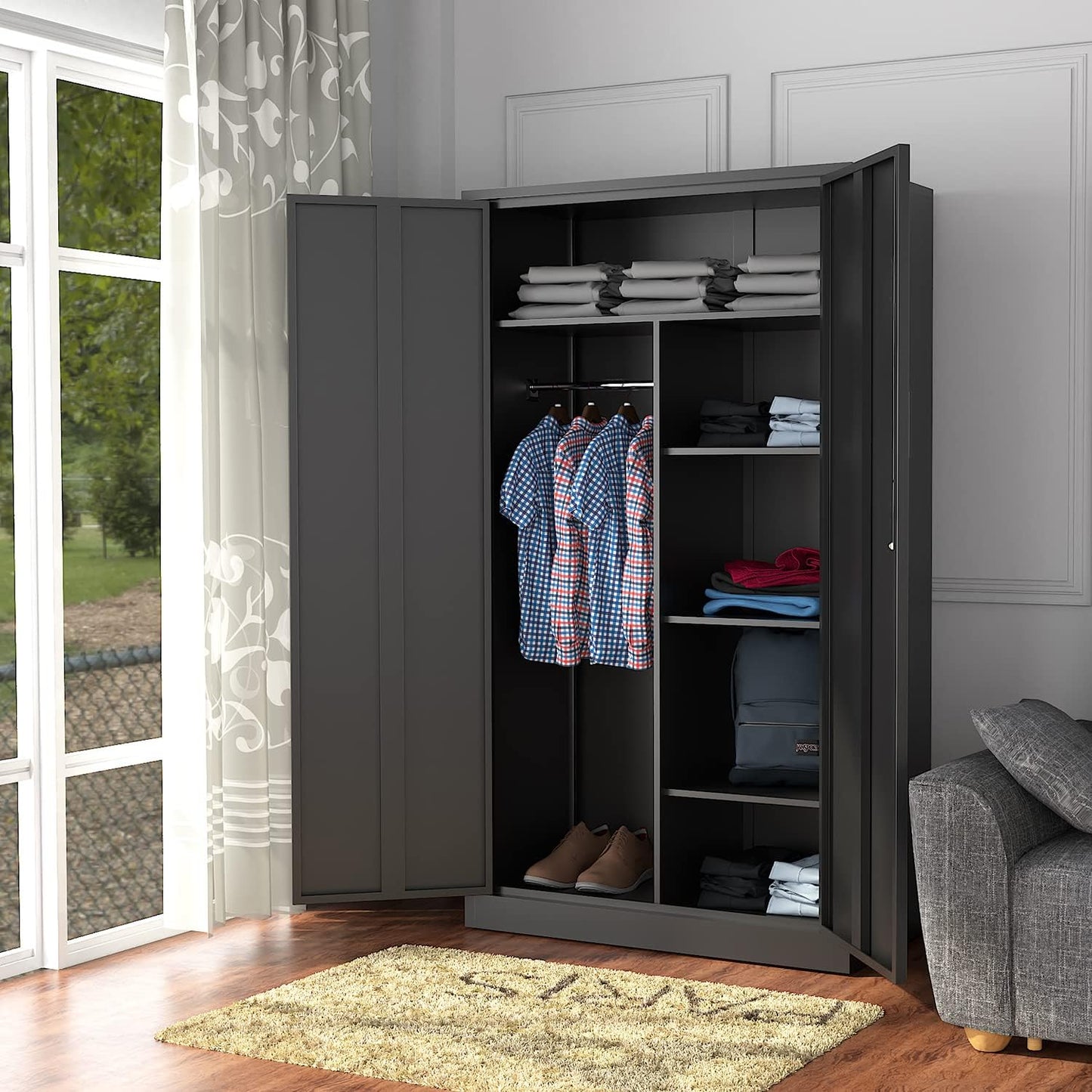 Metal Storage Cabinets Locker with Lock Door, 72'' Clothing Coat Steel Storage Freestanding Wardrobe for Office, Home, School, Employee,Gym,Fire Department (1PC-Black)