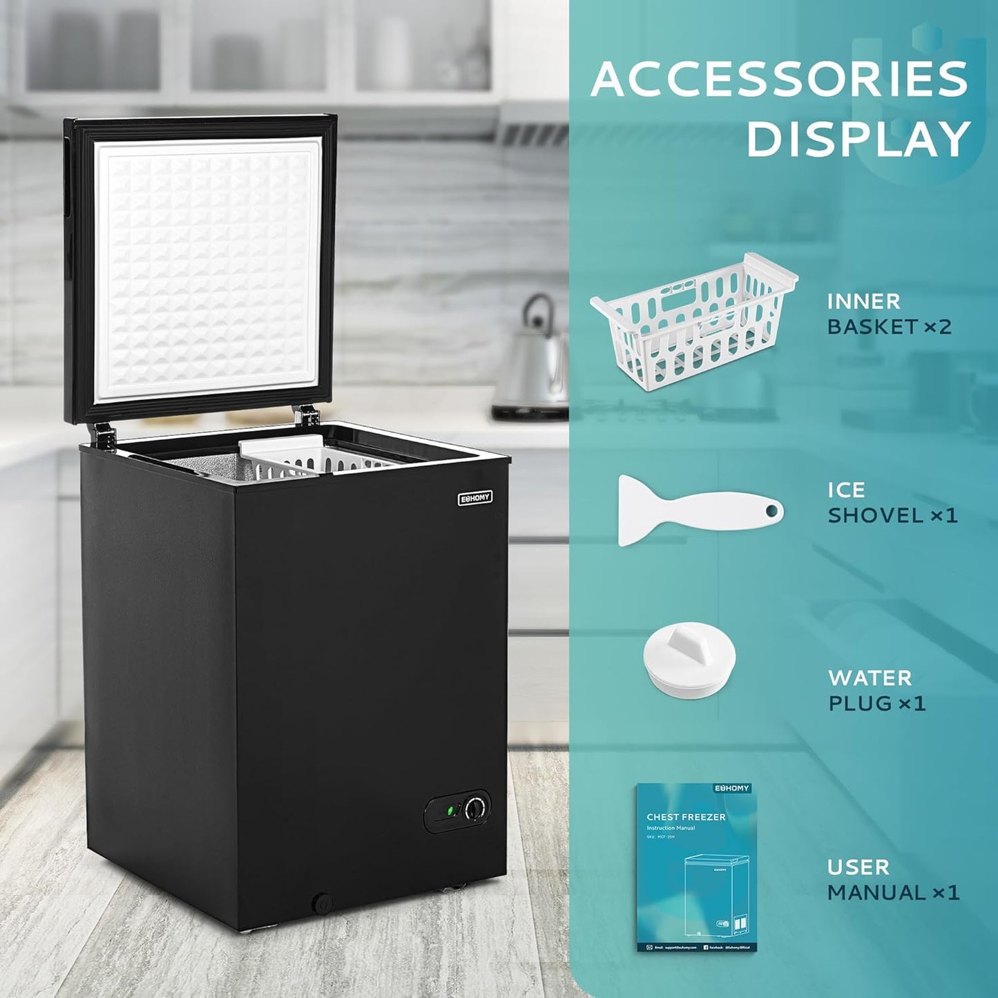 3.5 Cu.Ft Chest Freezer with Removable Basket, Small Deep Freezer Adjustable 7 Thermostat, Quiet Mini Freezer Free-Standing Top Door, Energy Saving for Apartment/Garage/Basement/Dorm/Home,Black