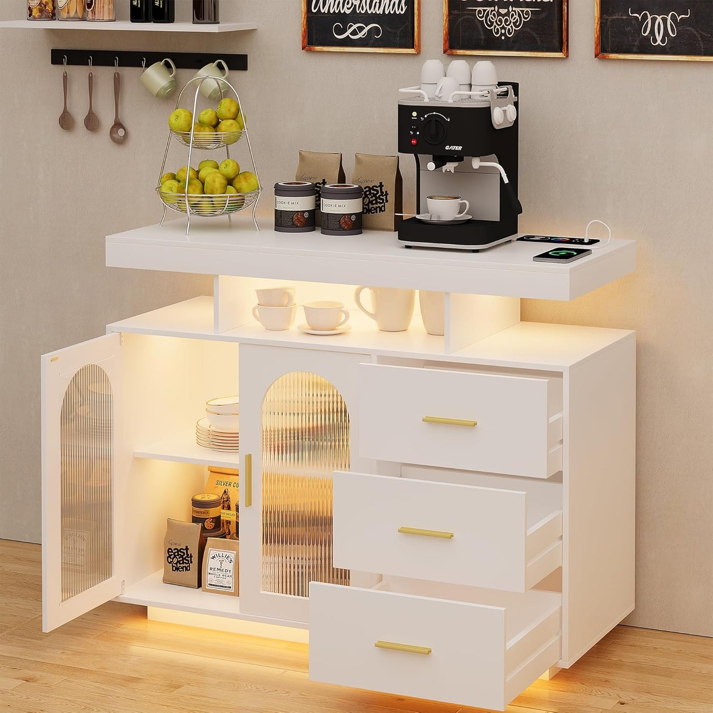 Bar Cabinet Kitchen Storage Cabinet with RGB Light, Human Sensor Design Sideboard Buffet Cabinets, Wood Coffee Bar Table with Shelf Capacity (Black)