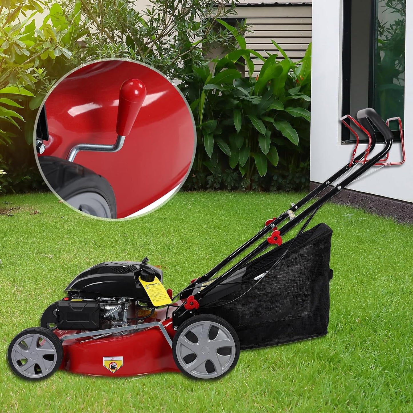 Self-propelled lawn mower, 141cc four-stroke gasoline engine, lawn mower with 20-inch blades, rear-wheel drive, push-type lawn mower, equipped with a 50-liter hay storage tank, rear wheel diameter 10 inches, rotational speed 2850 revolutions per minu
