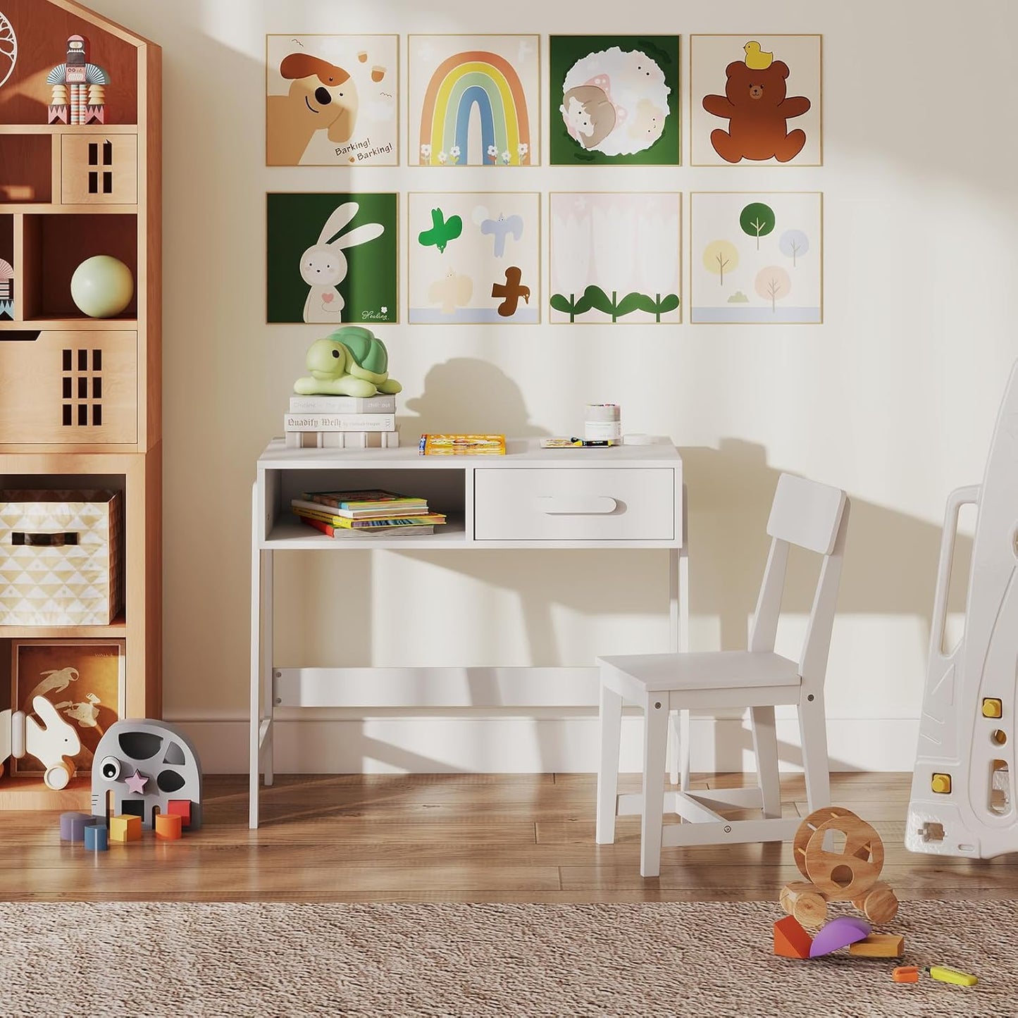 Kids Desk and Chair Set, Wooden Children School Study Table and Chair w/Storage Drawer & Hutch, Student Writing Desk Computer Workstation for Bedroom, Gift for 3+ Years Old (White)