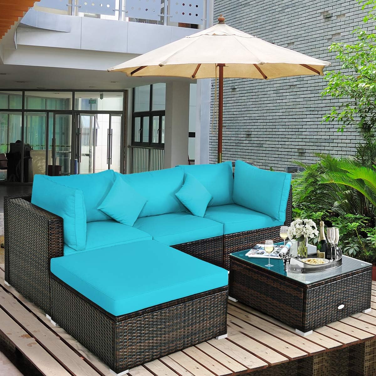 5 pieces of outdoor patio furniture, L-shaped rattan three-seater sofa with tempered glass coffee table, footstool, 3 single chairs, rattan outdoor party set, suitable for backyard, porch, balcony, black version