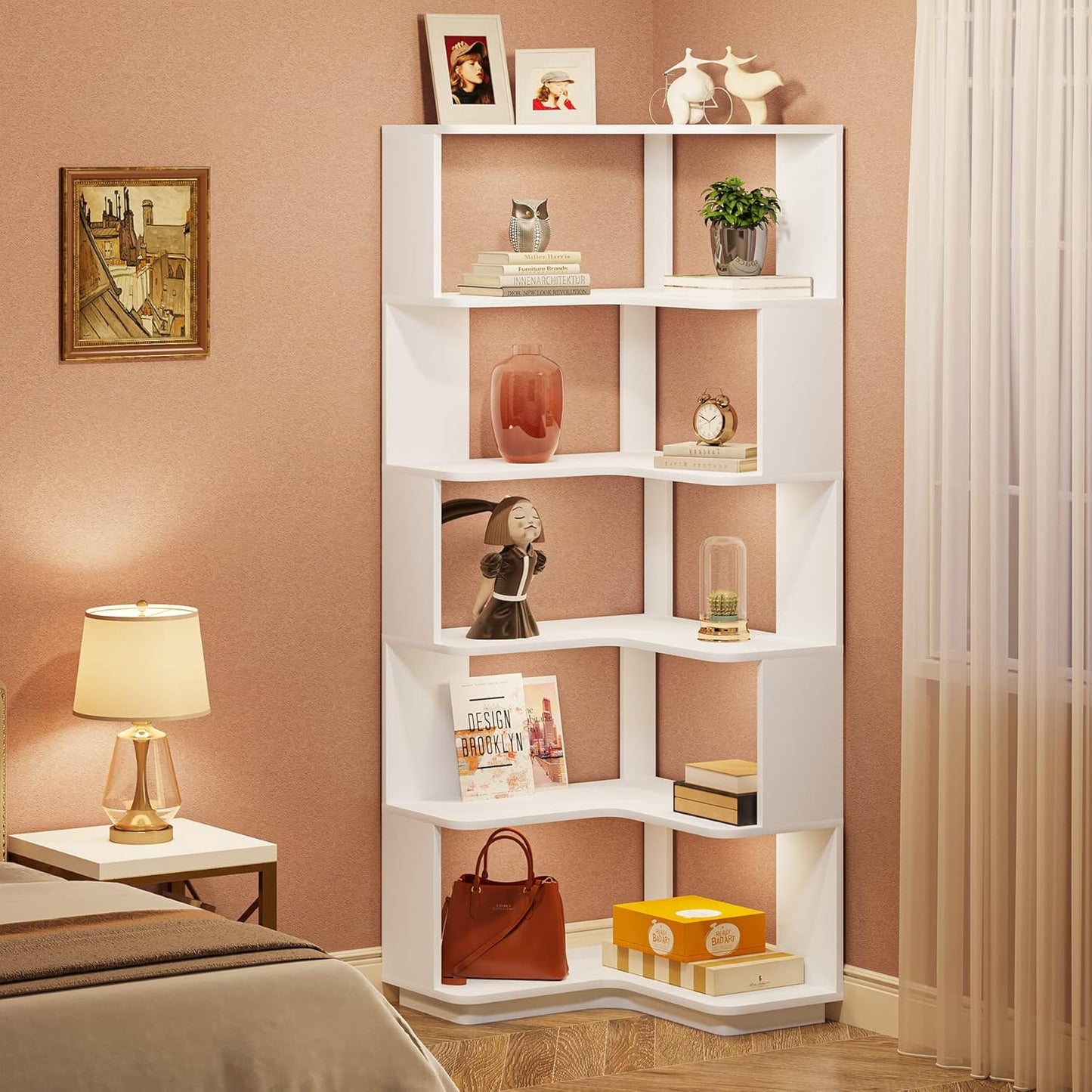 Tribesigns 6-Tier Corner Bookshelf, 64.9 Inch Tall Bookcase with Anti-Drop Panel, Modern Freestanding Corner Shelf Display Rack Storage Organizer for Home Office, Living Room, WhiteTribesigns 6-Tier Corner Bookshelf, 64.9 Inch Tall Bookcase with Anti