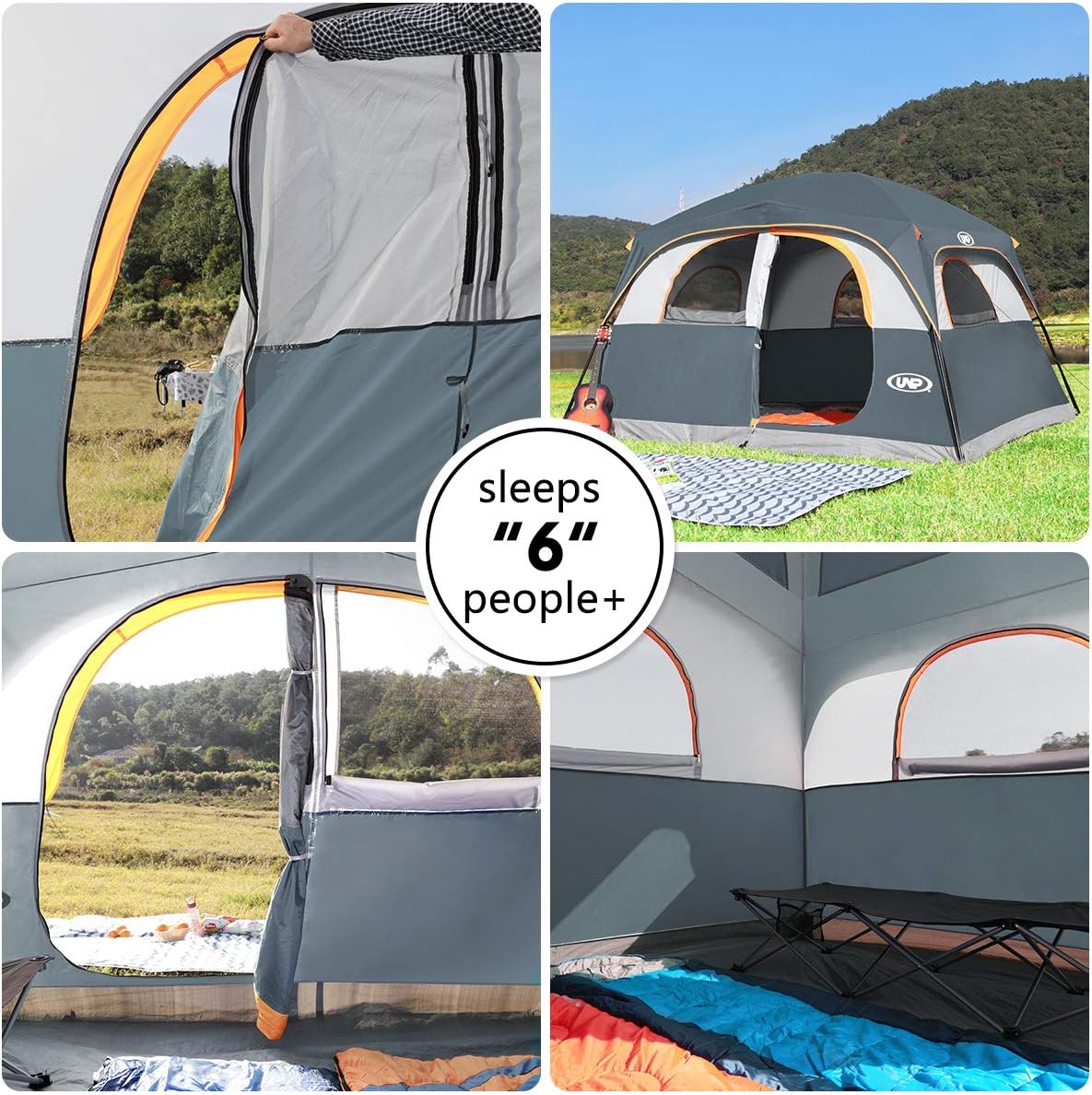 A 6-person waterproof and windproof portable family camping tent, with a double-layer structure, equipped with 1 mesh door and 5 large mesh windows - height of 10 feet × 9 feet × 78 inches (unit: inches)