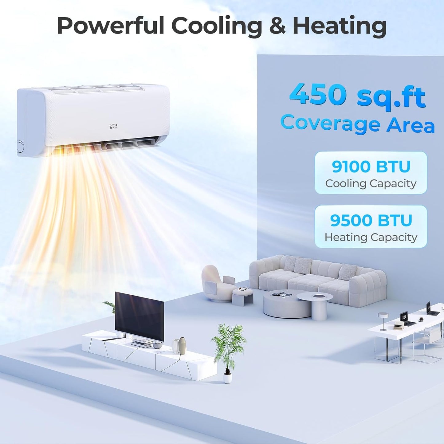 12000-watt mini split air conditioner and heater, 20 energy efficiency rating, 115 volts, wall-mounted tubeless air conditioning unit, capable of cooling rooms with an area not exceeding 750 square feet, energy-efficient inverter air conditioner equi