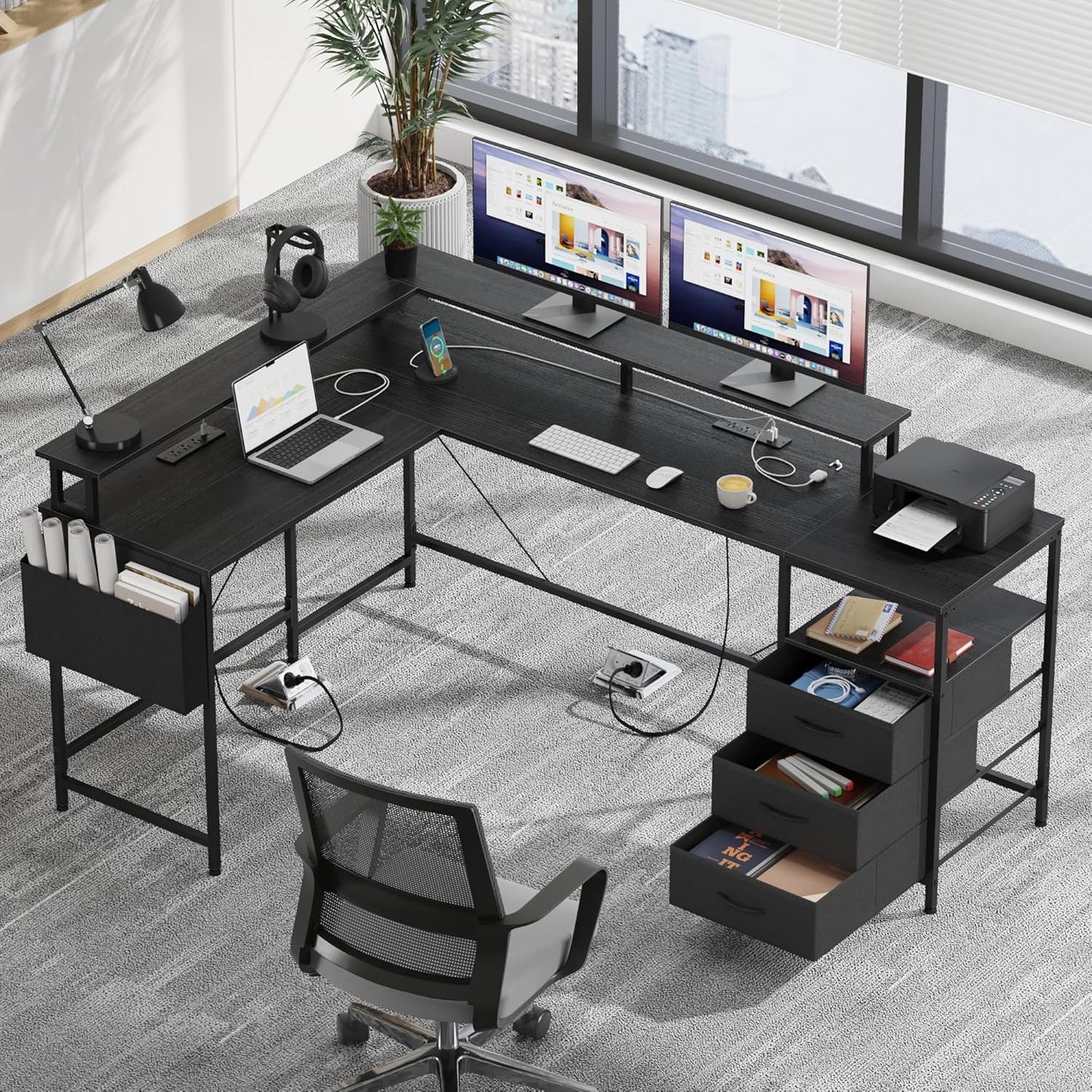 3 Drawers L Shaped Desk 63 Inch, 2 Power Strips (6 AC) and LED, Large Gaming Desk & 2 Monitor Stands, L Shape Computer Desk, Stable and Sturdy Home Office Desk, Fabric Drawers, Black
