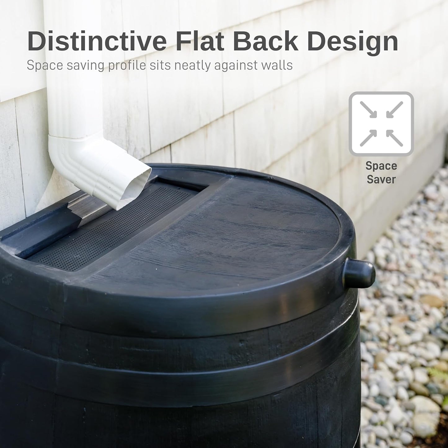 RTS Home Accents 50-Gallon ECO Rain Barrel Made with 100% Recycled Plastic, Flat Back Rain Water Collection Barrel, Black