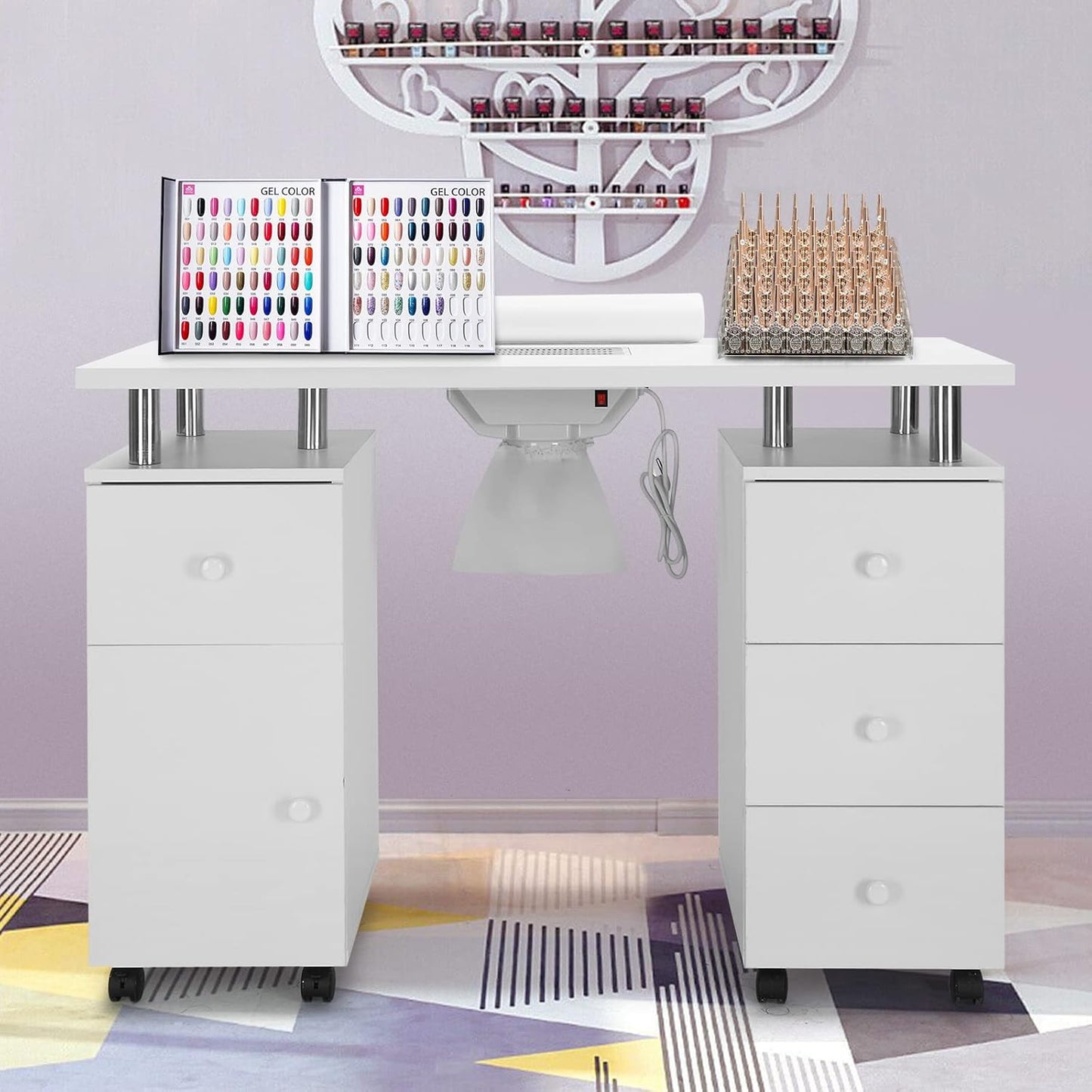Manicure Table Nail Desk for Nail Tech w/Electric Dust Collector & Wrist Rest, Acetone Resistant Top Beauty Salon Nail Supplies Decor Station w/Lockable Wheels, Cabinet, Drawer (White)