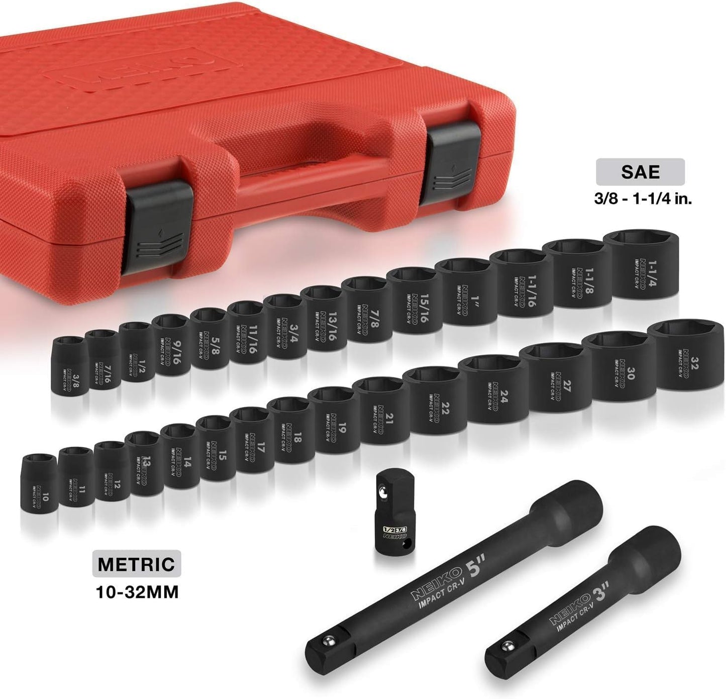 02448A 1/2" Drive Master Impact Socket Set, 65 Piece, Standard SAE (3/8"-1-1/4") & Metric (10-24 mm) Sizes, Deep & Shallow Kit, Includes Adapters & Ratchet Handle