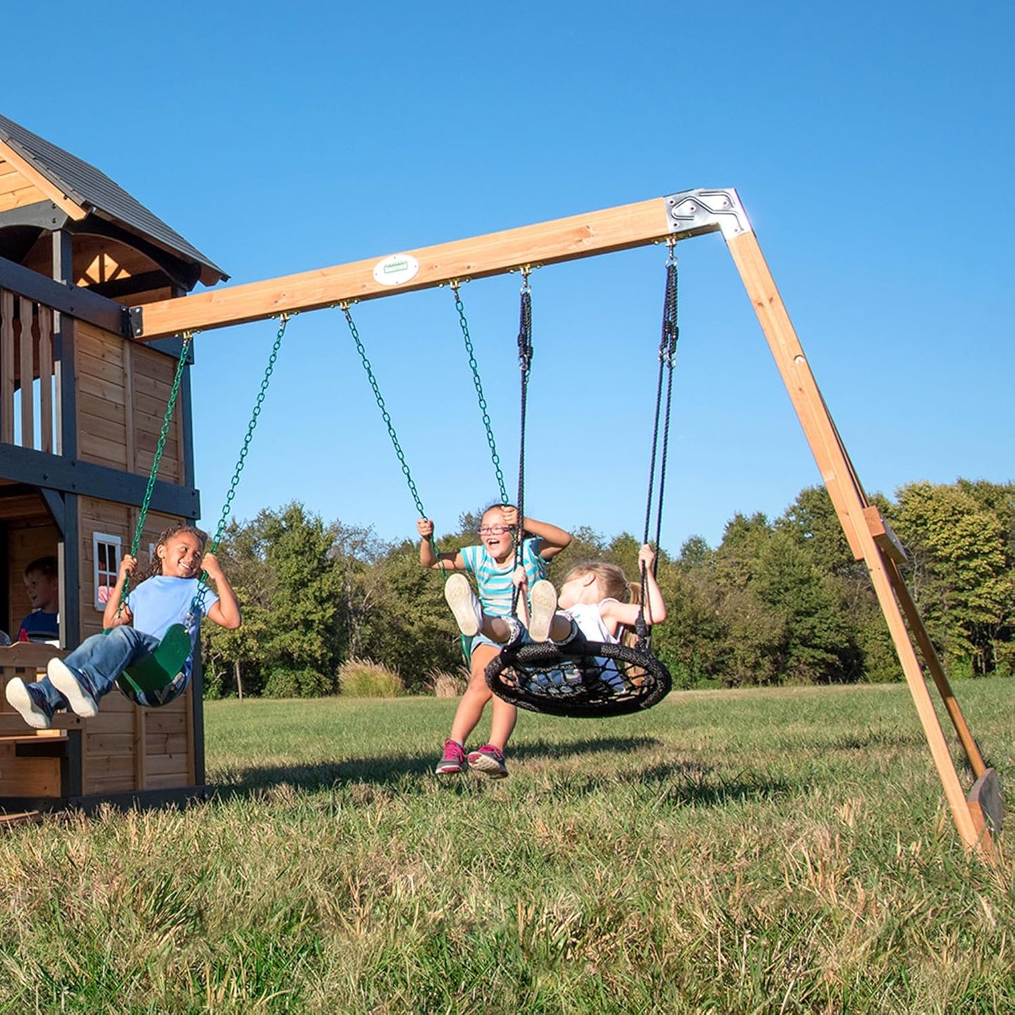 Gorge Creek Pure Pine Swing Set, Playhouse with Barbecue Grill, Plastic Utensils, Picnic Area, Steering Wheel, Double-Padded Swing, Rock Climbing Wall, Balcony, Terrace, Mesh Swing (Green Slide)