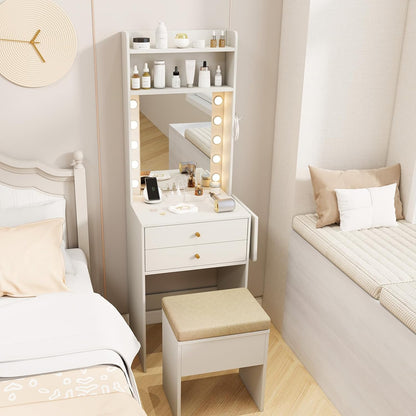 Small Vanity Desk with Mirror and Lights, Makeup Vanity Table with Charging Station, Drawers, Shelves, Foldable Side Table, Compact Dressing Table with Storage Chair for Small Space (White)