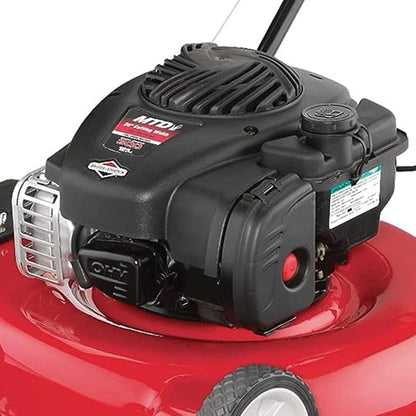 20-inch steel cutting deck, side-discharge gasoline-powered push lawn mower, with engine oil, available in red and black, suitable for outdoor yards.