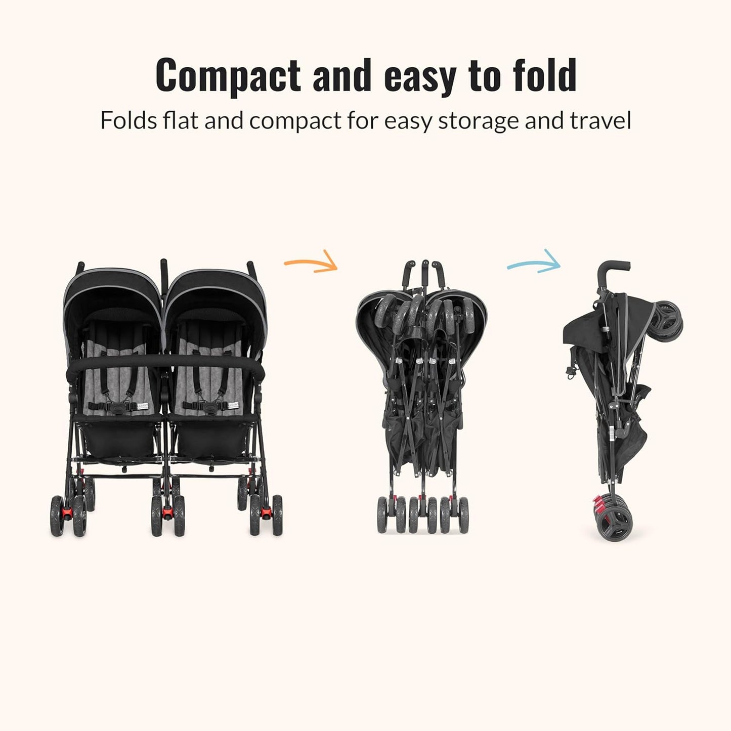 Twin Umbrella Stroller in Black, Lightweight Double Stroller for Infant & Toddler, Compact Easy Fold, Large Storage Basket, Large and Adjustable Canopy