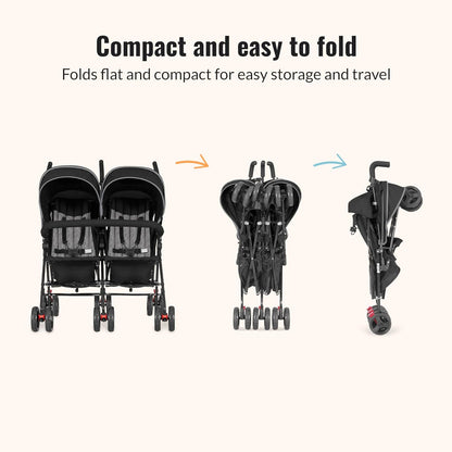 Twin Umbrella Stroller in Black, Lightweight Double Stroller for Infant & Toddler, Compact Easy Fold, Large Storage Basket, Large and Adjustable Canopy