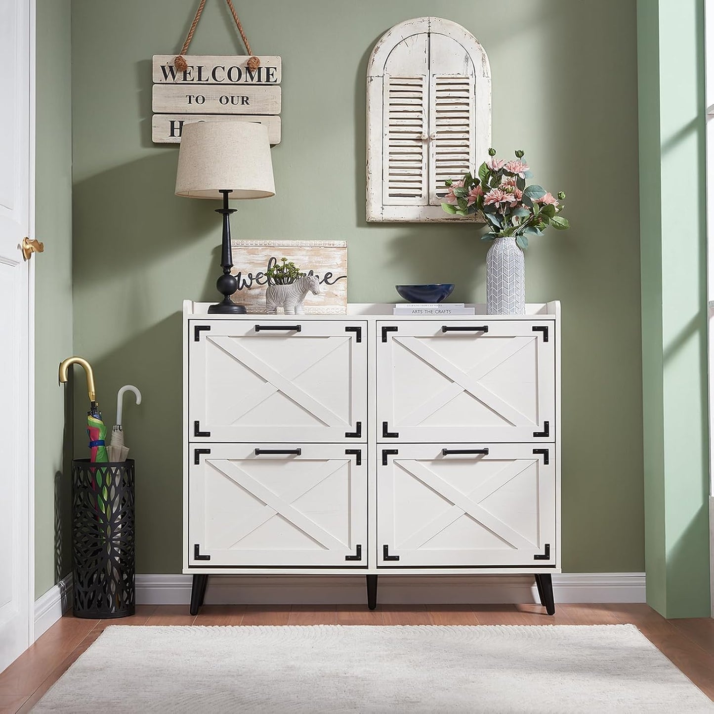 Shoe Storage Cabinet,Farmhouse Shoe Organizer with 4 Flip Drawers & Barn Door Design,Freestanding Hidden Slim Narrow Shoe Rack Cabinet for Entryway,Foyer,Hallway,Walnut