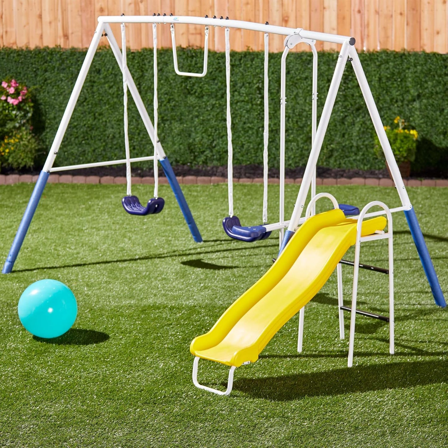 Recreation Blue Ridge Backyard Playground Set Sturdy Metal A Frame Swing with Chain Covers, Glider, Trapeze, 2 Swings, and Slide, Multicolor