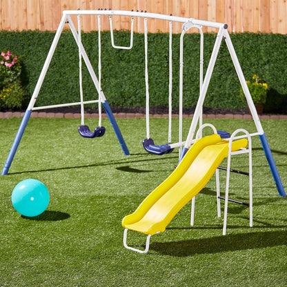 Recreation Blue Ridge Backyard Playground Set Sturdy Metal A Frame Swing with Chain Covers, Glider, Trapeze, 2 Swings, and Slide, Multicolor
