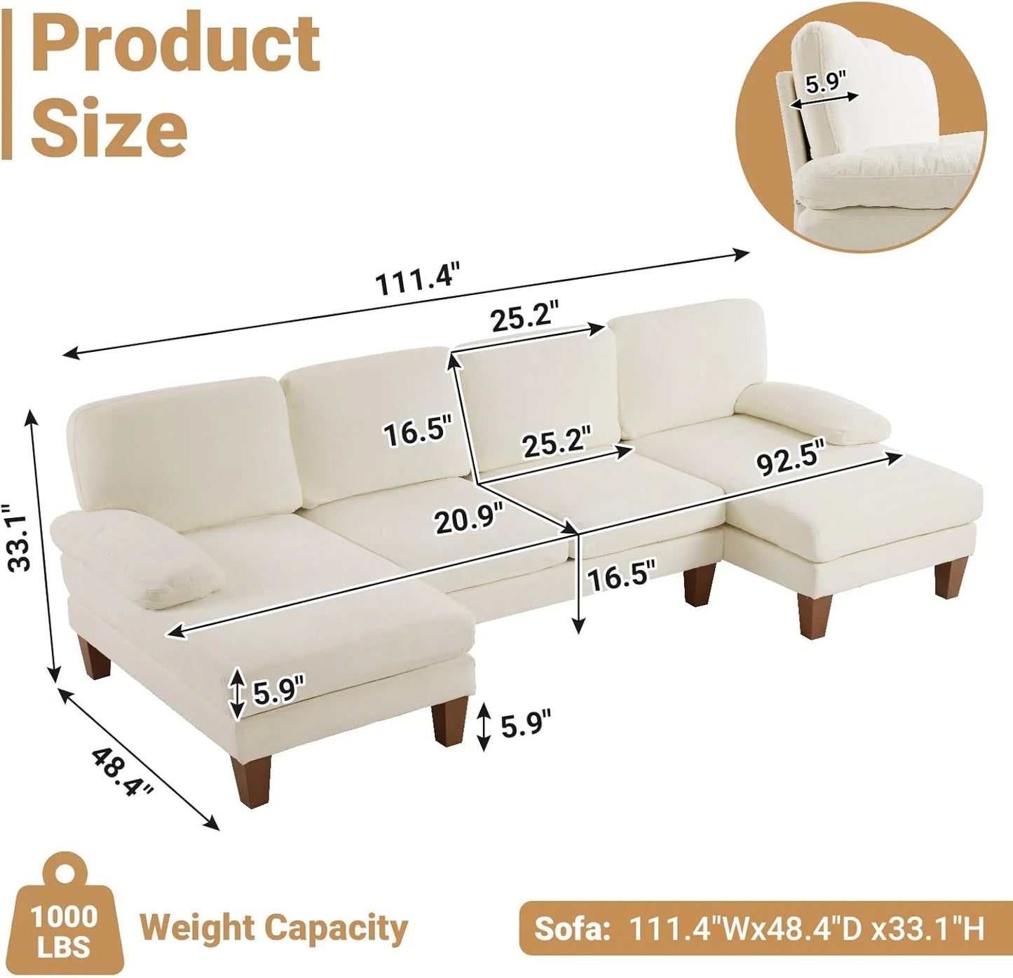 110" Sectional Couches for Living Room,U Shaped Couch with Double Chaise, 4-Seat Sofa Set with Chenille Fabric for Home Furniture,Beige