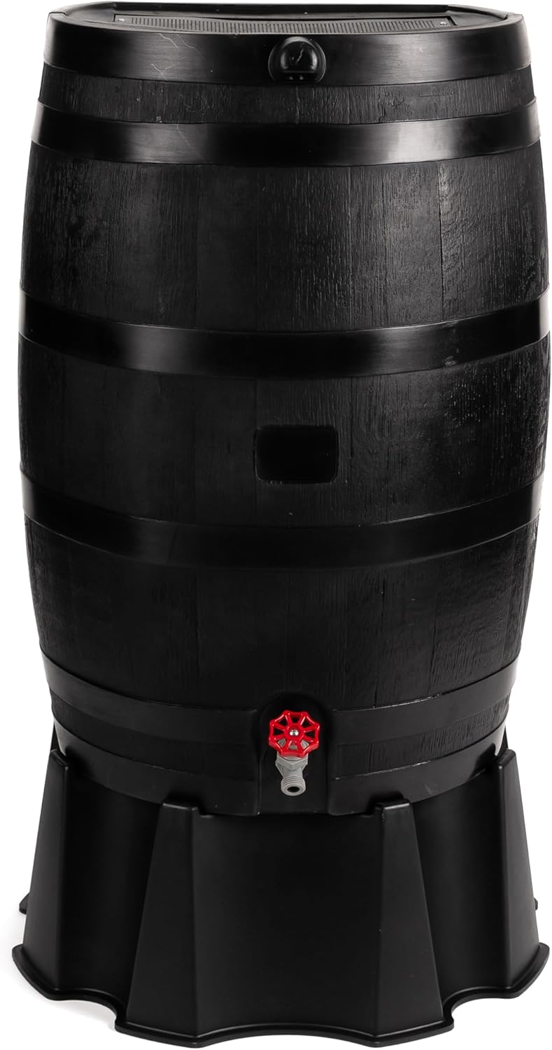 RTS Home Accents 50-Gallon ECO Rain Barrel Made with 100% Recycled Plastic, Flat Back Rain Water Collection Barrel, Black