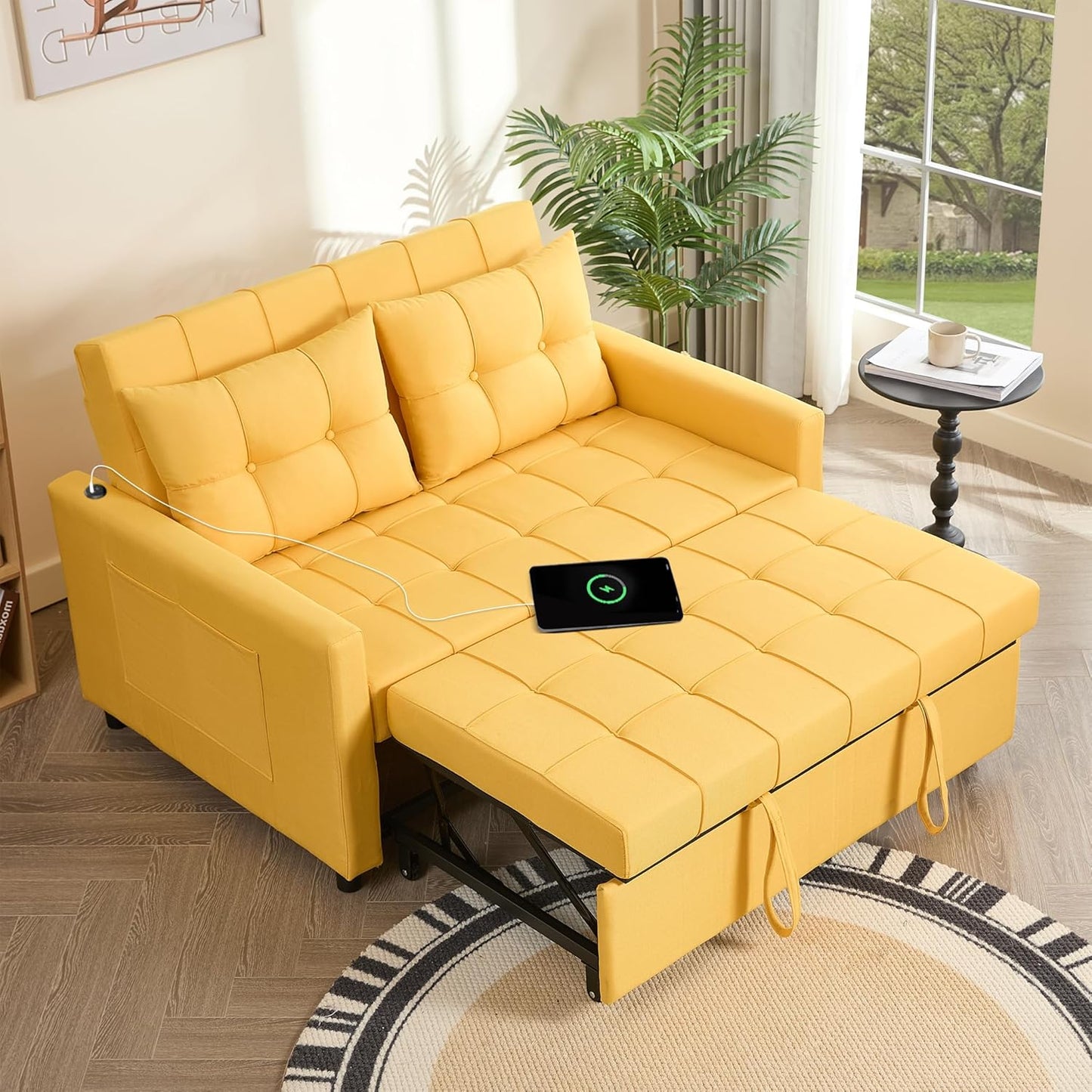 52" Sleeper Sofa with Pull-Out Bed, 3-in-1 Convertible Sofa Bed, Loveseat with Adjustable Backrest and Side Pocket, for Living Room Apartment, Linen, Dark Grey