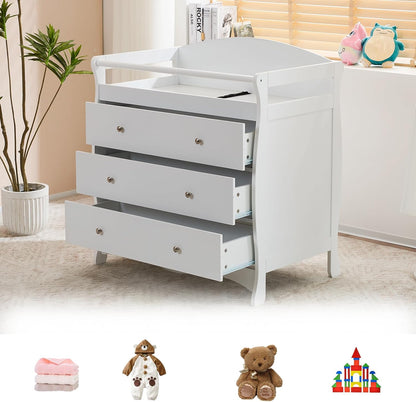 Changing Table Dresser Baby Diaper Changing Station Infant Nursing Table with 3 Drawers, Safety Rail & Strap for Bedroom, Nursery, White