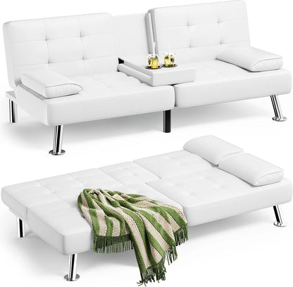 Futon Sofa Bed, Leather Futon Couch with Removable Armrests, Adjustable Recliner Sleeper Sofa Bed with Dual Cup Holders for Living Room, Apartment, Office (Black)