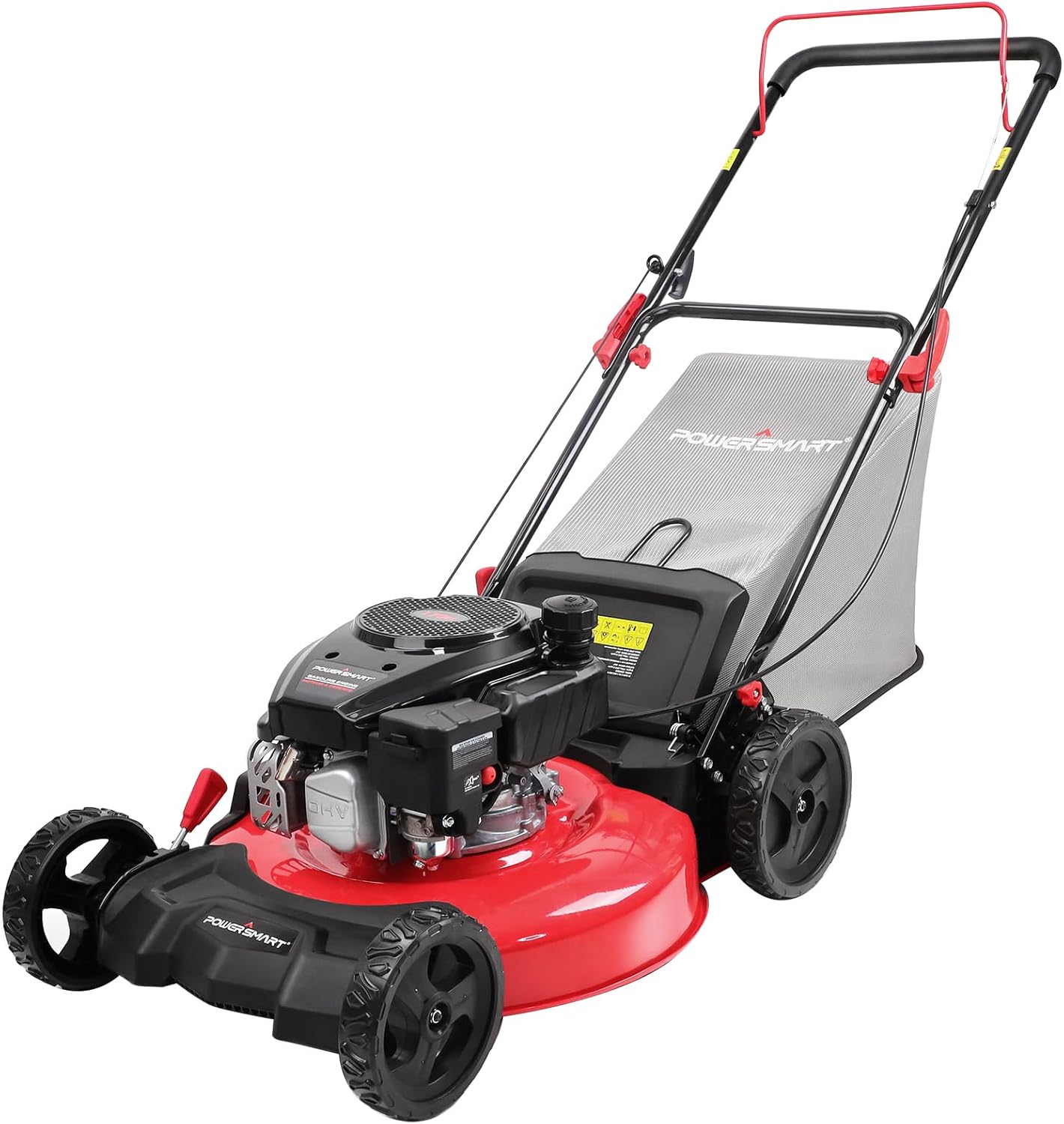 21-inch gas-powered lawn mower, equipped with a 144cc four-stroke all-terrain engine, featuring both crushing and side-discharge functions, with adjustable cutting height ranging from 6 positions.