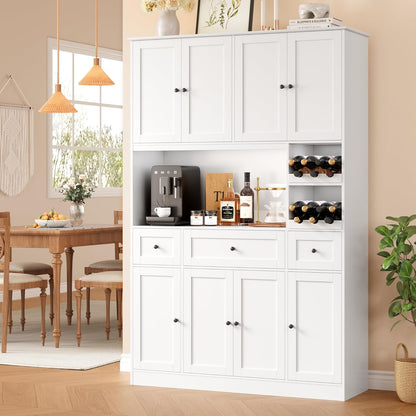 72" Tall Kitchen Pantry with Wine Rack, Pantry Cabinet with Microwave Stand, Large Hutch with Ample Storage, Hutch Cabinet for Kitchen, Dining, Living Room, White