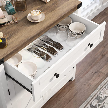 Coffee Bar Cabinet, Kitchen Storage Cabinet, Modern Farmhouse Buffet Sideboard with Drawer and Adjustable Shelf, Barn Door Accent Cabinets for Kitchen, Dining Room, Entryway, White