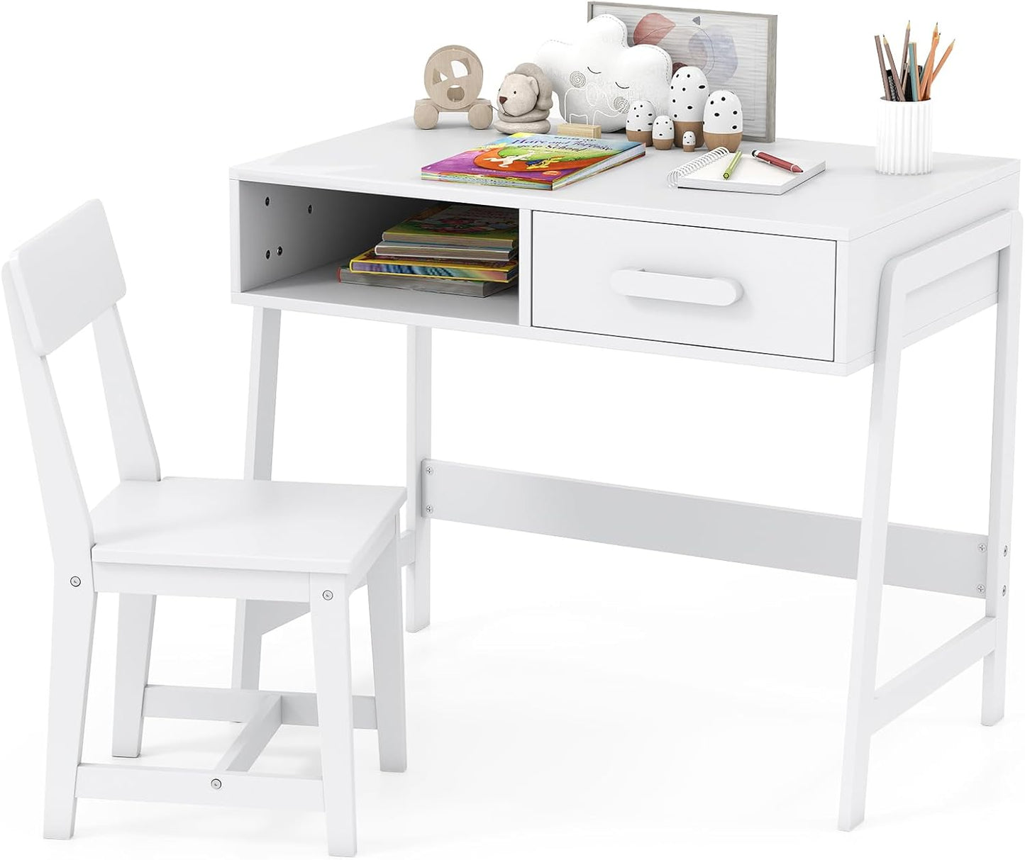 Kids Desk and Chair Set, Wooden Children School Study Table and Chair w/Storage Drawer & Hutch, Student Writing Desk Computer Workstation for Bedroom, Gift for 3+ Years Old (White)