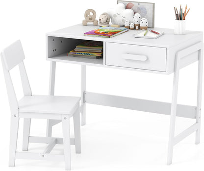 Kids Desk and Chair Set, Wooden Children School Study Table and Chair w/Storage Drawer & Hutch, Student Writing Desk Computer Workstation for Bedroom, Gift for 3+ Years Old (White)