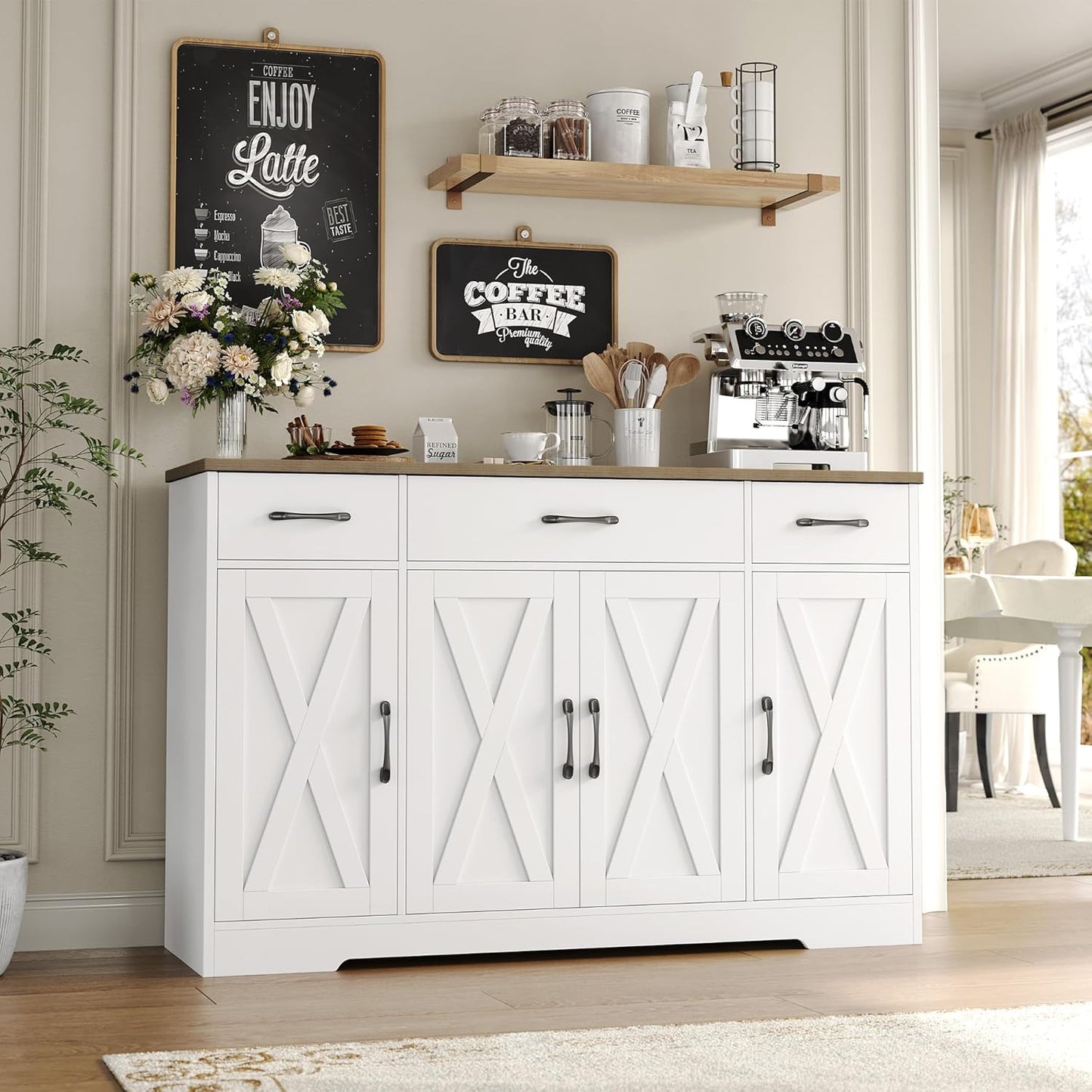 Drawer-equipped buffet-style cabinet, 55-inch large side cabinet-style storage unit with shelves and 4 doors, modern country-style coffee bar-style cabinet, wooden kitchen and dining room storage unit, white/rustic style