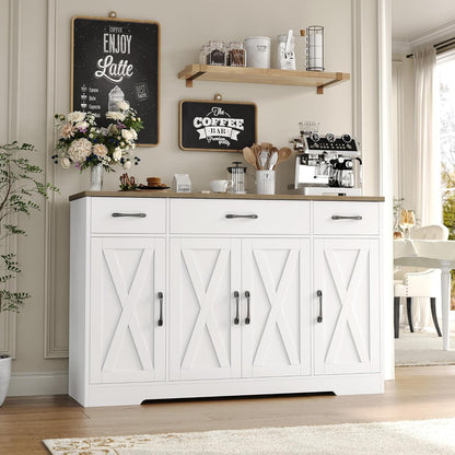 Drawer-equipped buffet-style cabinet, 55-inch large side cabinet-style storage unit with shelves and 4 doors, modern country-style coffee bar-style cabinet, wooden kitchen and dining room storage unit, white/rustic style