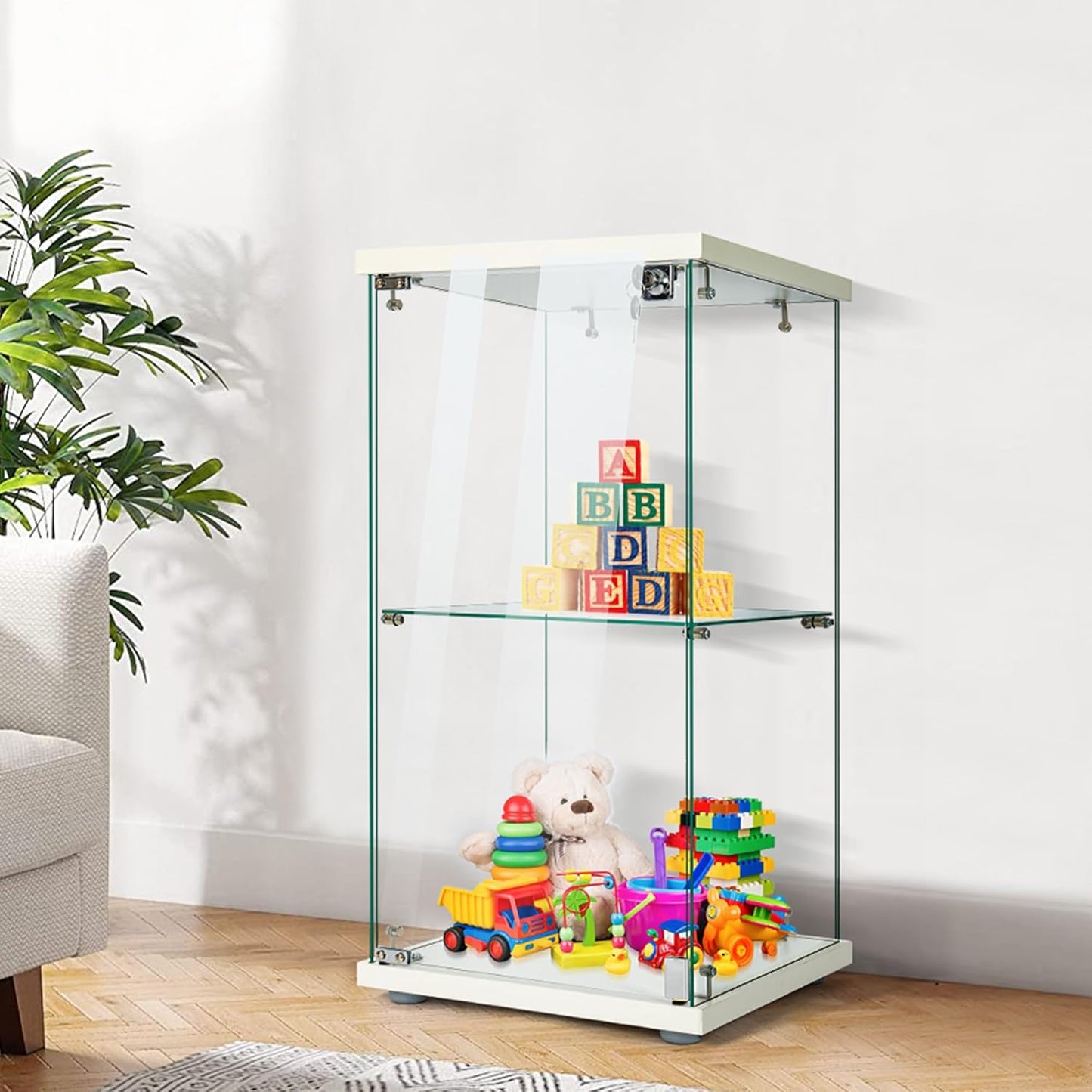 4 Layers 15.7''W x 15.7''D x 62.6''H Glass Display Cabinet Countertop Showcase with Lock, 5mm Tempered Glass 25mm MDF Base