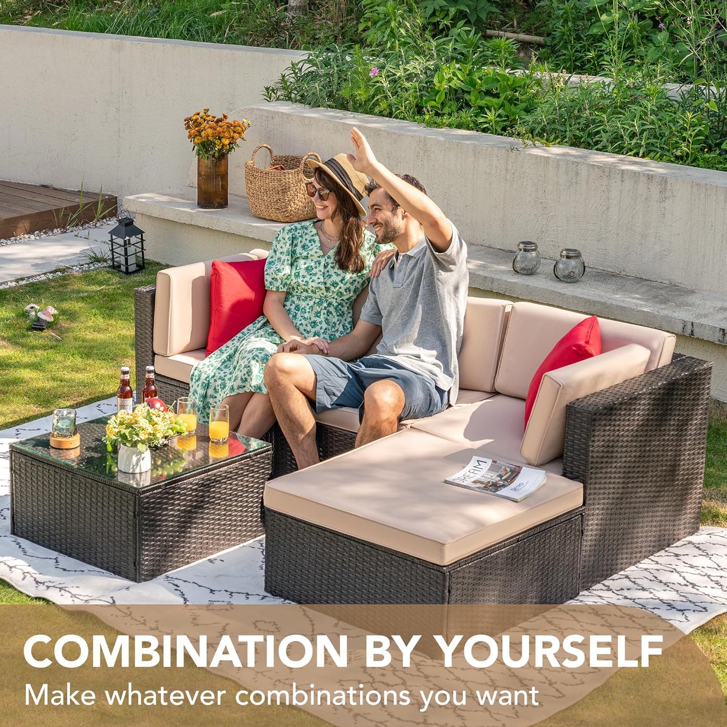 5 Pieces Patio Furniture Sets All Weather Outdoor Sectional Patio Sofa Manual Weaving Wicker Rattan Patio Seating Sofas with Cushion and Glass Table(Beige)