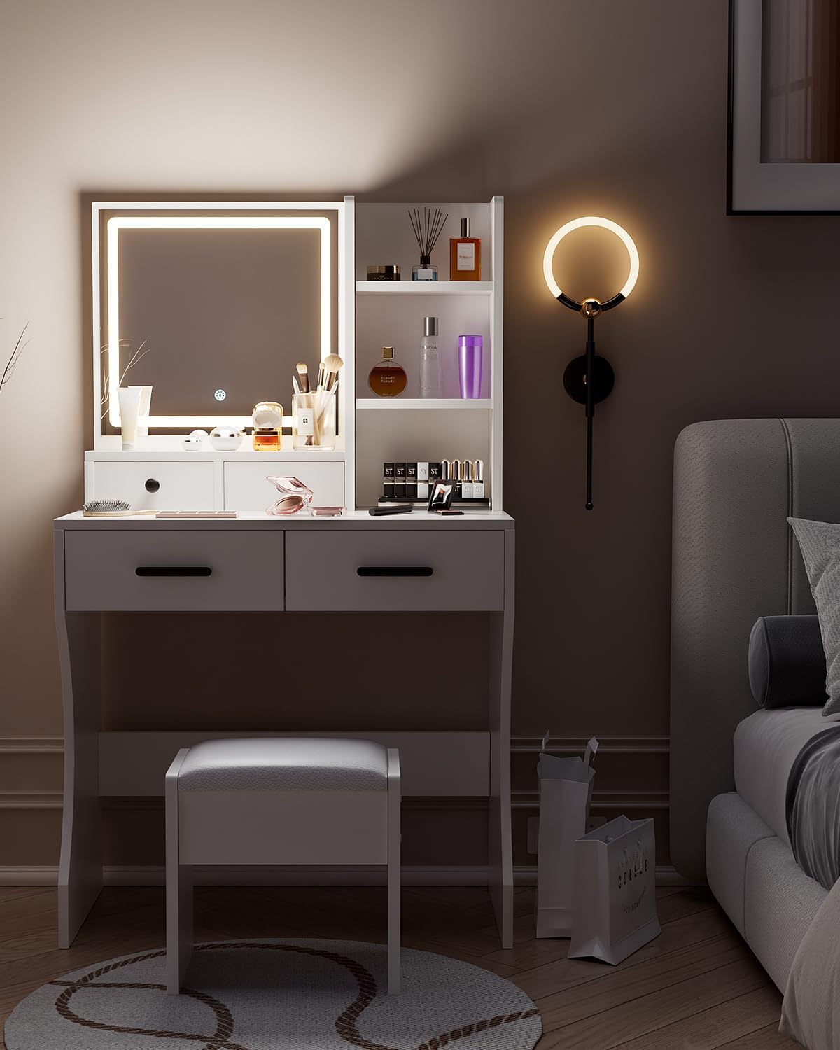 Makeup Table with Extra Large Mirror and Lights, 80cm Dressing Table with Stool