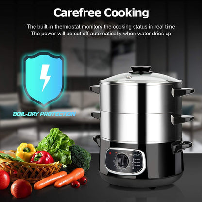 2 stainless steel food steamers, 8.5 liters capacity, electric glass-covered vegetable steamer, double-layer stackable steaming basket, with timer included