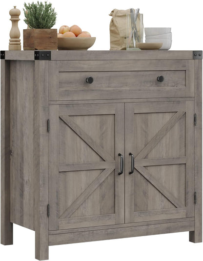 Coffee Bar Cabinet, Kitchen Storage Cabinet, Modern Farmhouse Buffet Sideboard with Drawer and Adjustable Shelf, Barn Door Accent Cabinets for Kitchen, Dining Room, Entryway, White