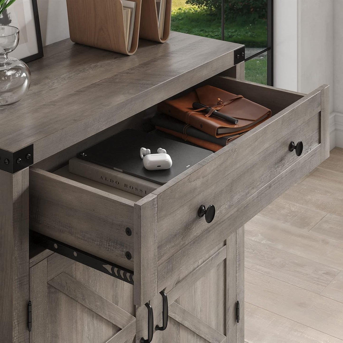 Coffee Bar Cabinet, Kitchen Storage Cabinet, Modern Farmhouse Buffet Sideboard with Drawer and Adjustable Shelf, Barn Door Accent Cabinets for Kitchen, Dining Room, Entryway, White