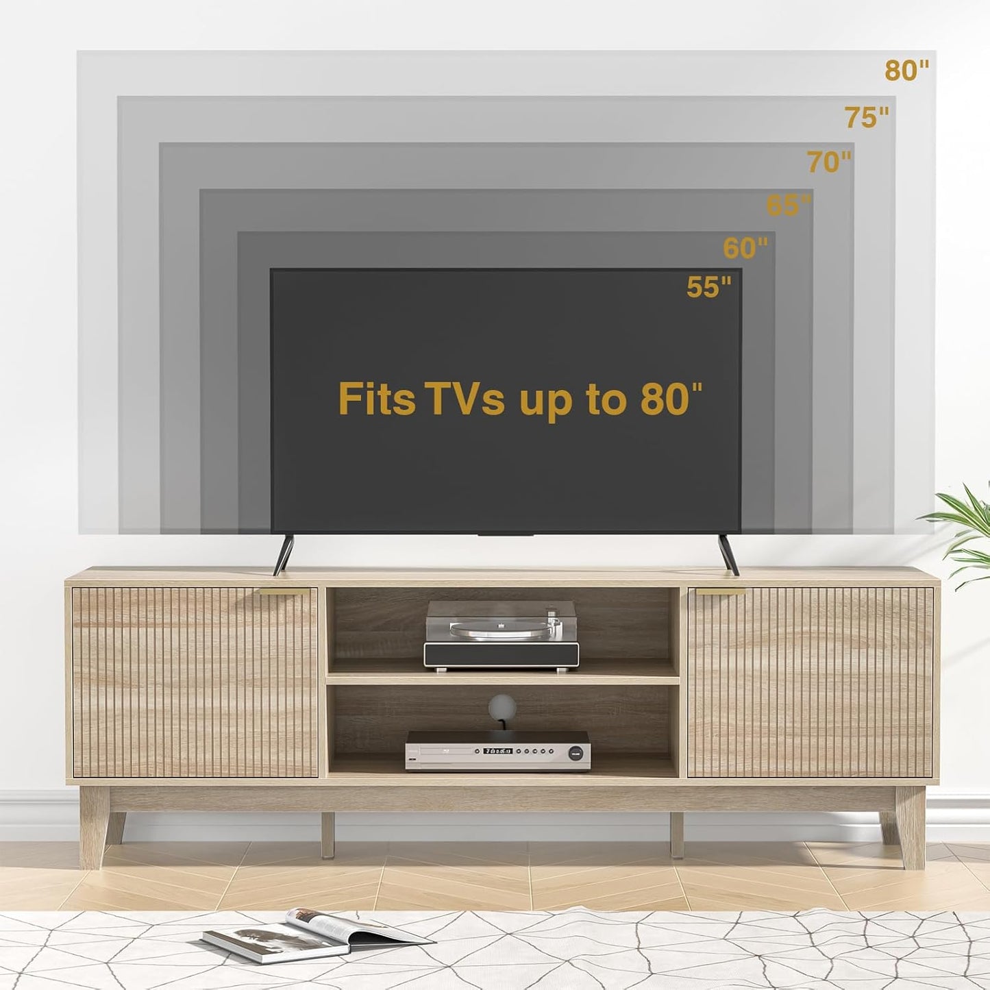 70" TV Stand for Living Room, Fluted Mid-Century Modern TV Console for TVs up to 80 inch, Farmhouse Entertainment Center with 2 Storage, Media Console Table for Living Room, Oak