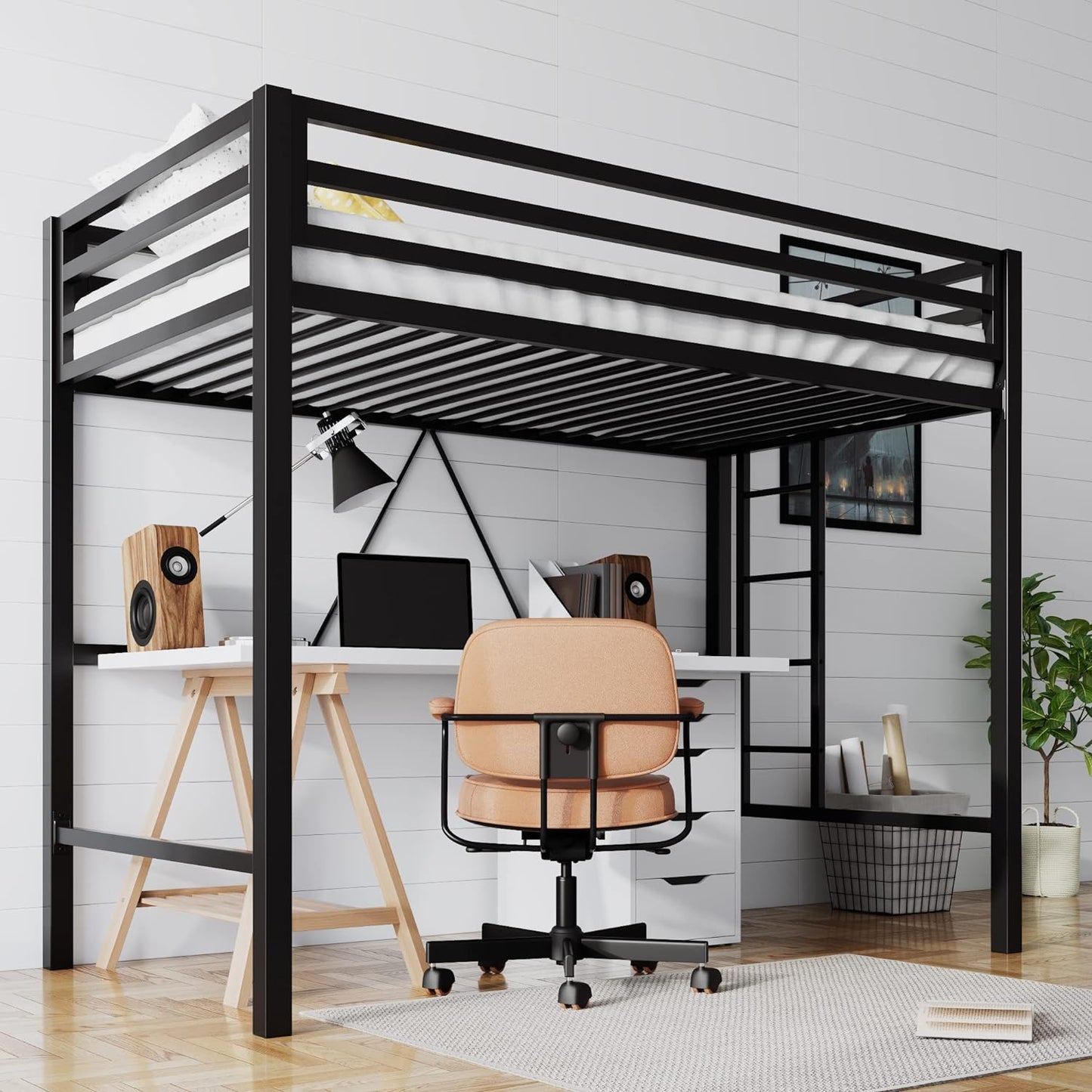 Loft Bed Twin Size with Ladder and Guardrail,Heavy Duty Metal Slats Support No Box Spring Needed Small Space Saving Furniture for Bedroom Dorm,Black