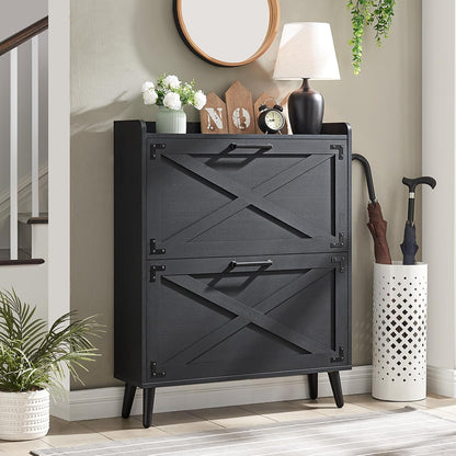 Shoe Storage Cabinet,Farmhouse Shoe Organizer with 4 Flip Drawers & Barn Door Design,Freestanding Hidden Slim Narrow Shoe Rack Cabinet for Entryway,Foyer,Hallway,Walnut