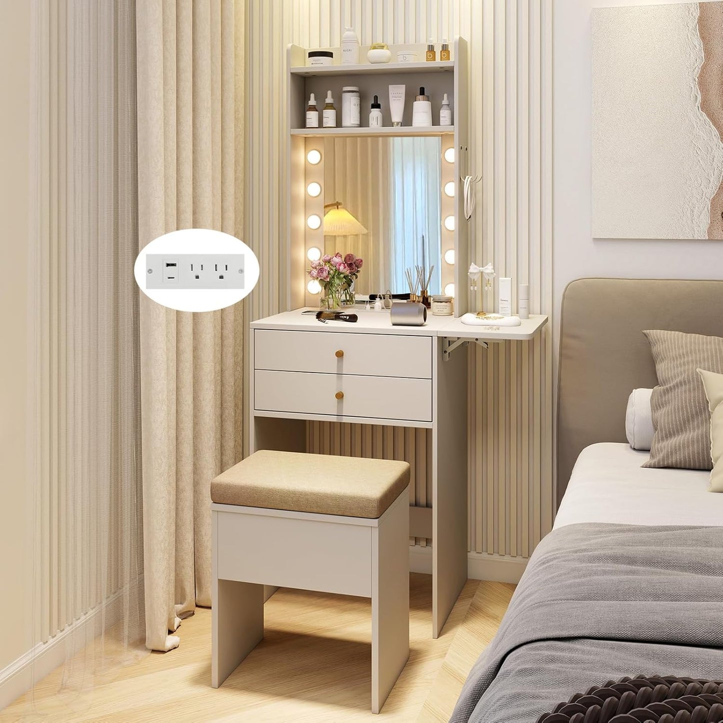 Small Vanity Desk with Mirror and Lights, Makeup Vanity Table with Charging Station, Drawers, Shelves, Foldable Side Table, Compact Dressing Table with Storage Chair for Small Space (White)
