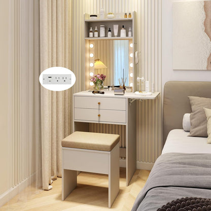 Small Vanity Desk with Mirror and Lights, Makeup Vanity Table with Charging Station, Drawers, Shelves, Foldable Side Table, Compact Dressing Table with Storage Chair for Small Space (White)