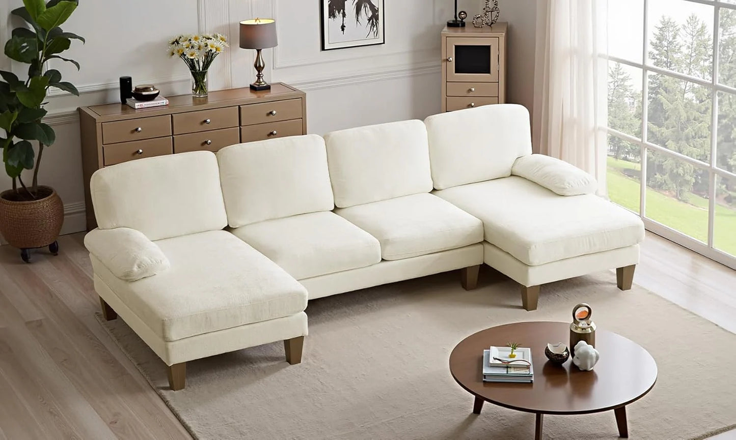 110" Sectional Couches for Living Room,U Shaped Couch with Double Chaise, 4-Seat Sofa Set with Chenille Fabric for Home Furniture,Beige