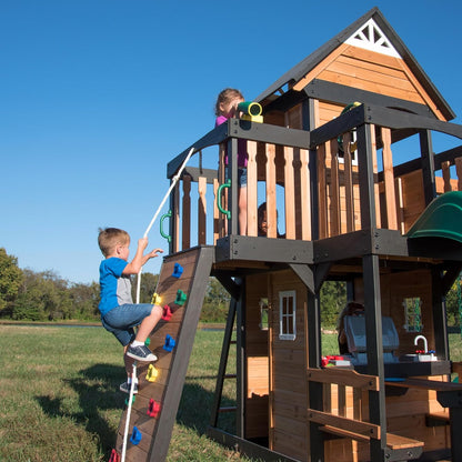 Gorge Creek Pure Pine Swing Set, Playhouse with Barbecue Grill, Plastic Utensils, Picnic Area, Steering Wheel, Double-Padded Swing, Rock Climbing Wall, Balcony, Terrace, Mesh Swing (Green Slide)