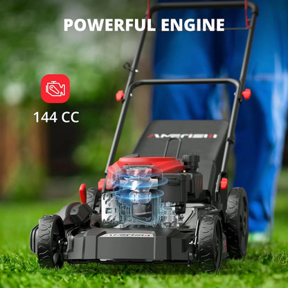 21" Steel Deck Gas Lawn Mower, Heavy-Duty 3-in-1 Push Mower, 144cc 4-Stroke Engine, 6-Position Height Adjustment, Large 1.4 Bushel Grass Catcher, Durable & Efficient for Yard & Garden