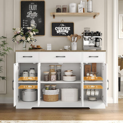 Drawer-equipped buffet-style cabinet, 55-inch large side cabinet-style storage unit with shelves and 4 doors, modern country-style coffee bar-style cabinet, wooden kitchen and dining room storage unit, white/rustic style