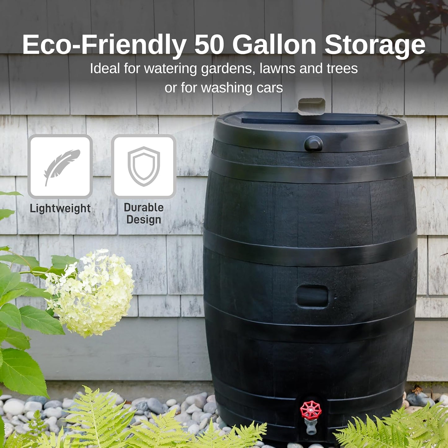RTS Home Accents 50-Gallon ECO Rain Barrel Made with 100% Recycled Plastic, Flat Back Rain Water Collection Barrel, Black